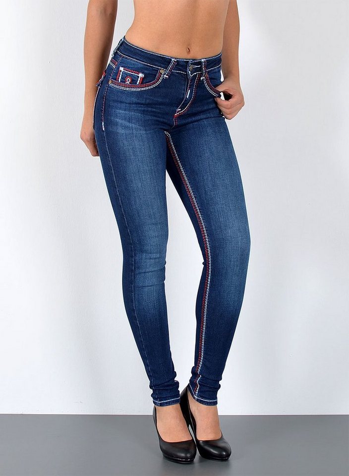 ESRA Skinny-fit-Jeans J420 Damen Skinny Jeans, High Waist, dicke Naht Jeans, bis Übergröße / Plussize, Enge Skinny Hose, dicke Kontrastnähte, hohe Leibhöhe, Stretch, bis Große Größen, Enge Skinny Röhrenjeans, Hoch Bund, mit weißer Naht, mit roter Naht, Taille Jeans, Skinny, Hose von ESRA