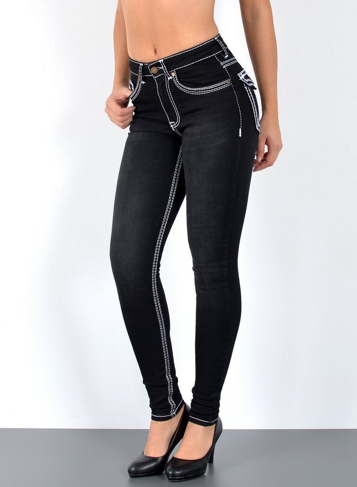 ESRA Skinny-fit-Jeans J420 Damen Skinny Jeans, High Waist, dicke Naht Jeans, bis Übergröße / Plussize, Enge Skinny Hose, dicke Kontrastnähte, hohe Leibhöhe, Stretch, bis Große Größen, Enge Skinny Röhrenjeans, Hoch Bund, mit weißer Naht, mit roter Naht, Taille Jeans, Skinny, Hose von ESRA