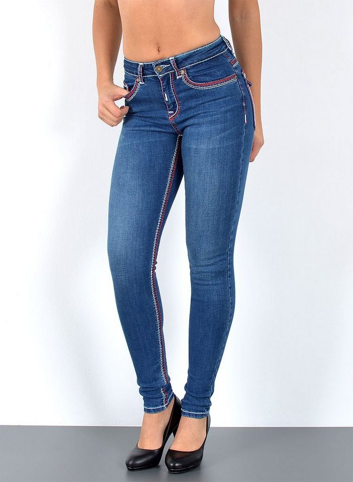 ESRA Skinny-fit-Jeans J420 Damen Skinny Jeans, High Waist, dicke Naht Jeans, bis Übergröße / Plussize, Enge Skinny Hose, dicke Kontrastnähte, hohe Leibhöhe, Stretch, bis Große Größen, Enge Skinny Röhrenjeans, Hoch Bund, mit weißer Naht, mit roter Naht, Taille Jeans, Skinny, Hose von ESRA