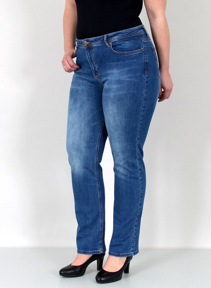 ESRA Straight-Jeans Gerade Schnitt Jeans hoher Bund mit Stretch bis Plus Size Übergröße Straight Jeans Damen High Waist Stretch Jeans Hose mit geradem Bein von ESRA