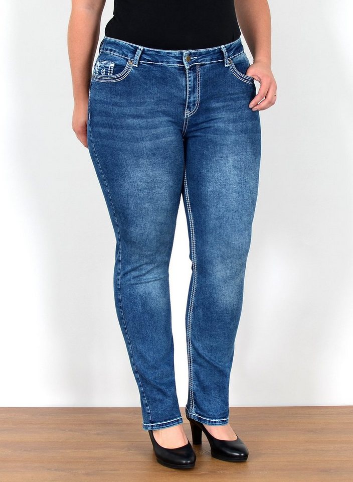 ESRA Straight-Jeans FG11 Straight Fit Jeans Damen High Waist Hose mit weißer Naht bis Plus Size, Straight Jeans Hose Stretch hohe Leibhöhe dicke Naht bis Große Größe, Gerade Schnitt Jeanshose Hoch Bund Kontrastnähte bis Übergröße, Regular Jeans High Waist Hose Damen Jeans Straight mit dicken Nähten, Jeans Damen Jeans Hose Damen Hose, High Waist Jeans Damen High Waist, Damen Jeans Stretch Hose Damen, Damen Jeans Straight Damen Jeans, Hose Straight Leg Jeans Straight Fit Hose von ESRA