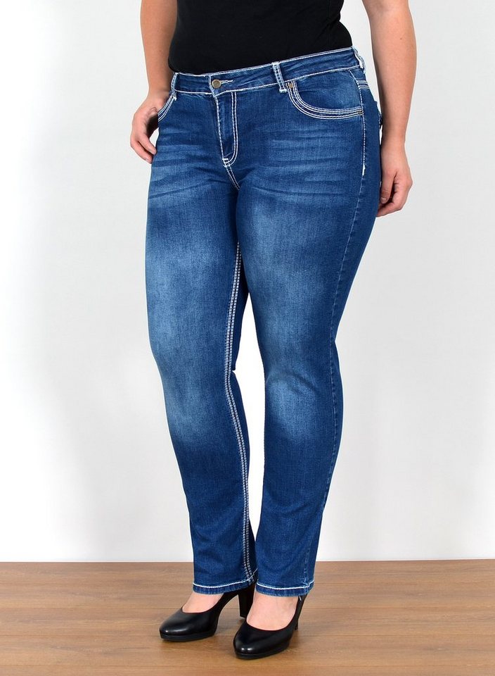 ESRA Straight-Jeans FG11 Straight Fit Jeans Damen High Waist Hose mit weißer Naht bis Plus Size, Straight Jeans Hose Stretch hohe Leibhöhe dicke Naht bis Große Größe, Gerade Schnitt Jeanshose Hoch Bund Kontrastnähte bis Übergröße, Regular Jeans High Waist Hose Damen Jeans Straight mit dicken Nähten, Jeans Damen Jeans Hose Damen Hose, High Waist Jeans Damen High Waist, Damen Jeans Stretch Hose Damen, Damen Jeans Straight Damen Jeans, Hose Straight Leg Jeans Straight Fit Hose von ESRA