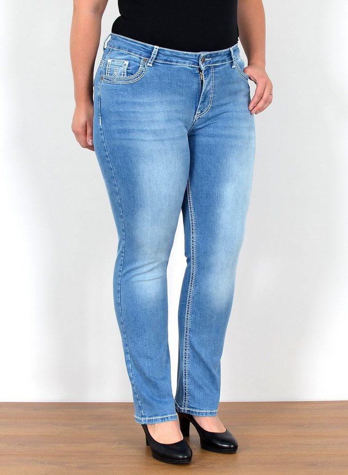 ESRA Straight-Jeans FG11 Straight Fit Jeans Damen High Waist Hose mit weißer Naht bis Plus Size, Straight Jeans Hose Stretch hohe Leibhöhe dicke Naht bis Große Größe, Gerade Schnitt Jeanshose Hoch Bund Kontrastnähte bis Übergröße, Regular Jeans High Waist Hose Damen Jeans Straight mit dicken Nähten, Jeans Damen Jeans Hose Damen Hose, High Waist Jeans Damen High Waist, Damen Jeans Stretch Hose Damen, Damen Jeans Straight Damen Jeans, Hose Straight Leg Jeans Straight Fit Hose von ESRA