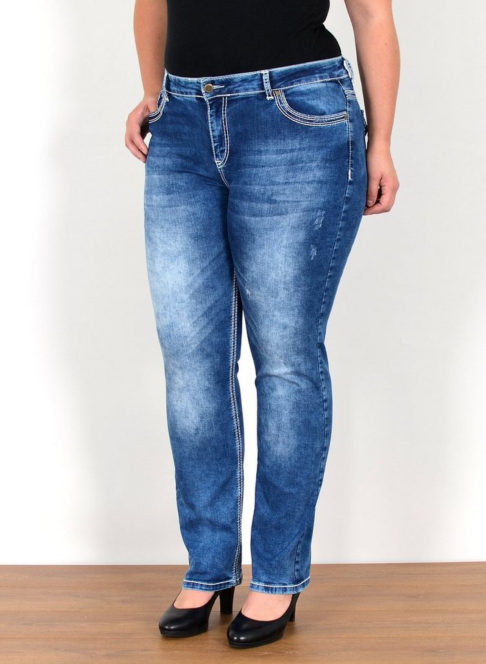 ESRA Straight-Jeans FG11 Straight Fit Jeans Damen High Waist Hose mit weißer Naht bis Plus Size, Straight Jeans Hose Stretch hohe Leibhöhe dicke Naht bis Große Größe, Gerade Schnitt Jeanshose Hoch Bund Kontrastnähte bis Übergröße, Regular Jeans High Waist Hose Damen Jeans Straight mit dicken Nähten, Jeans Damen Jeans Hose Damen Hose, High Waist Jeans Damen High Waist, Damen Jeans Stretch Hose Damen, Damen Jeans Straight Damen Jeans, Hose Straight Leg Jeans Straight Fit Hose von ESRA