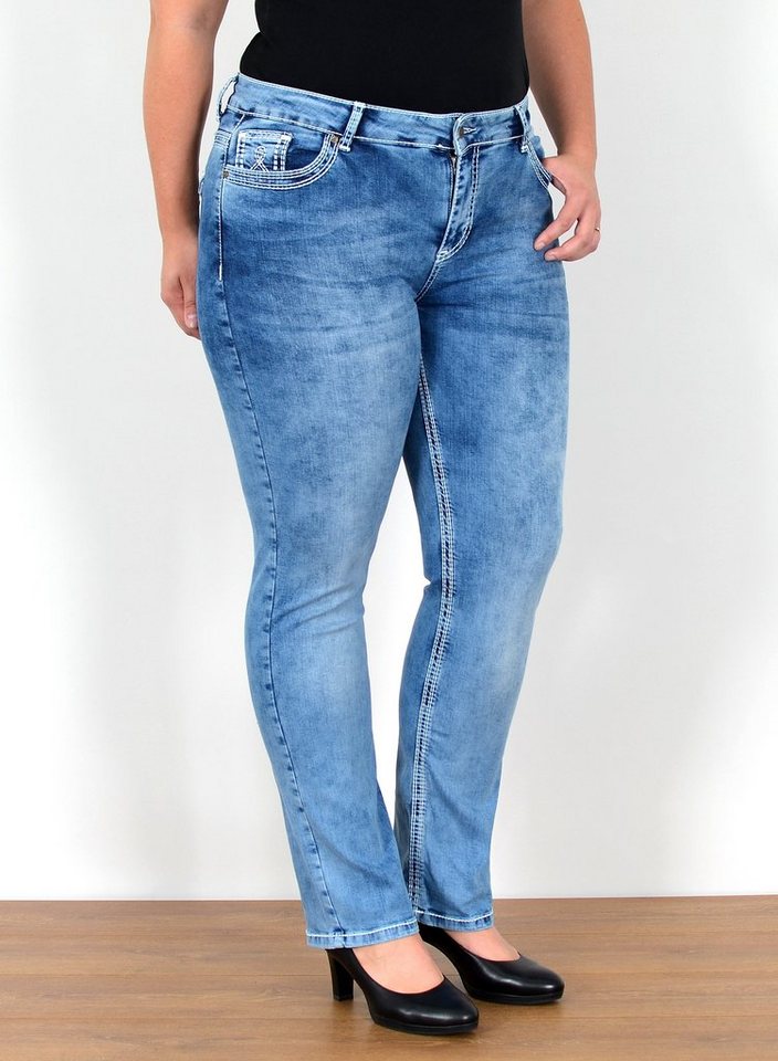 ESRA Straight-Jeans FG11 Straight Fit Jeans Damen High Waist Hose mit weißer Naht bis Plus Size, Straight Jeans Hose Stretch hohe Leibhöhe dicke Naht bis Große Größe, Gerade Schnitt Jeanshose Hoch Bund Kontrastnähte bis Übergröße, Regular Jeans High Waist Hose Damen Jeans Straight mit dicken Nähten, Jeans Damen Jeans Hose Damen Hose, High Waist Jeans Damen High Waist, Damen Jeans Stretch Hose Damen, Damen Jeans Straight Damen Jeans, Hose Straight Leg Jeans Straight Fit Hose von ESRA