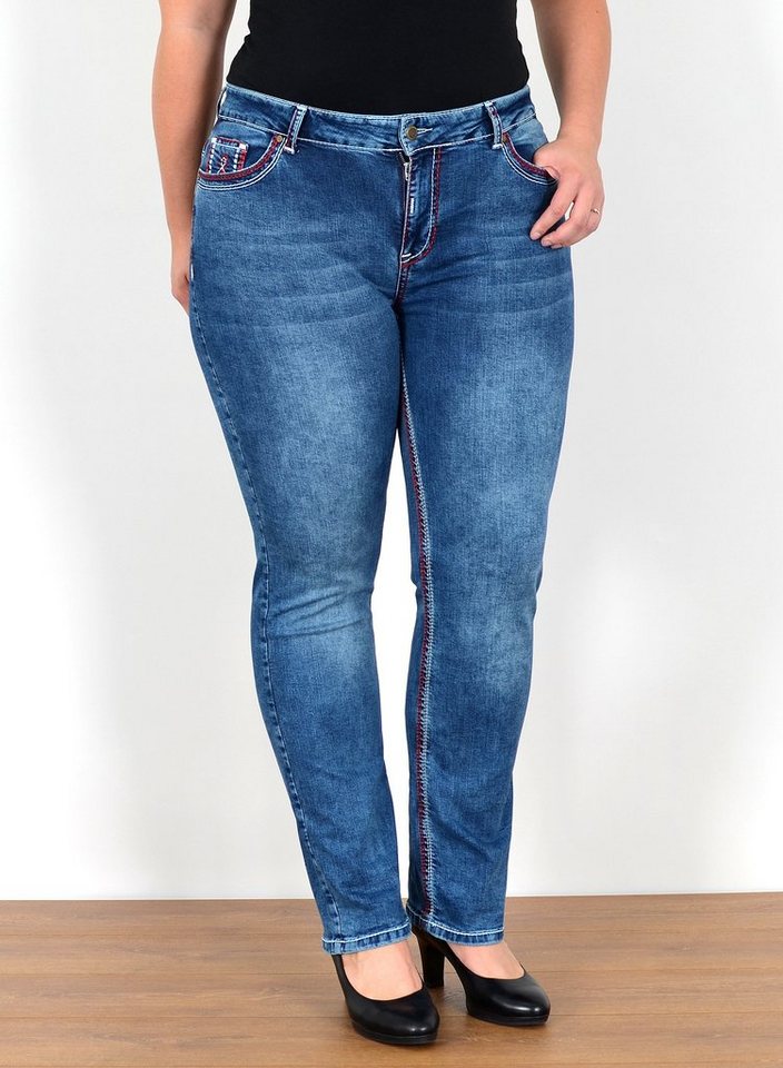 ESRA Straight-Jeans FG12 Straight Fit Jeans Damen High Waist Hose Kontrastnähte bis Plus Size, Straight Jeans Hose Stretch hohe Leibhöhe dicke Naht bis Große Größe, Gerade Schnitt Jeanshose Hoch Bund weiße Naht rote Naht bis Übergröße, Regular Jeans High Waist Hose Damen Jeans Straight mit dicken Nähten, Jeans Damen Jeans Hose Damen Hose, High Waist Jeans Damen High Waist, Damen Jeans Straight Damen Hose von ESRA