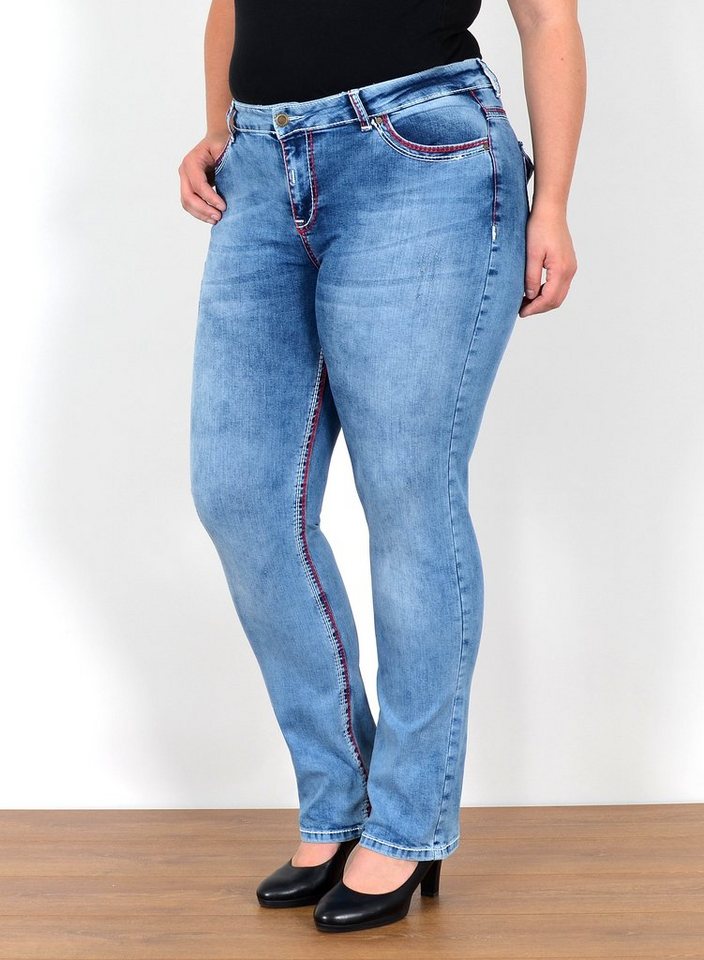 ESRA Straight-Jeans FG12 Straight Fit Jeans Damen High Waist Hose Kontrastnähte bis Plus Size, Straight Jeans Hose Stretch hohe Leibhöhe dicke Naht bis Große Größe, Gerade Schnitt Jeanshose Hoch Bund weiße Naht rote Naht bis Übergröße, Regular Jeans High Waist Hose Damen Jeans Straight mit dicken Nähten, Jeans Damen Jeans Hose Damen Hose, High Waist Jeans Damen High Waist, Damen Jeans Straight Damen Hose von ESRA