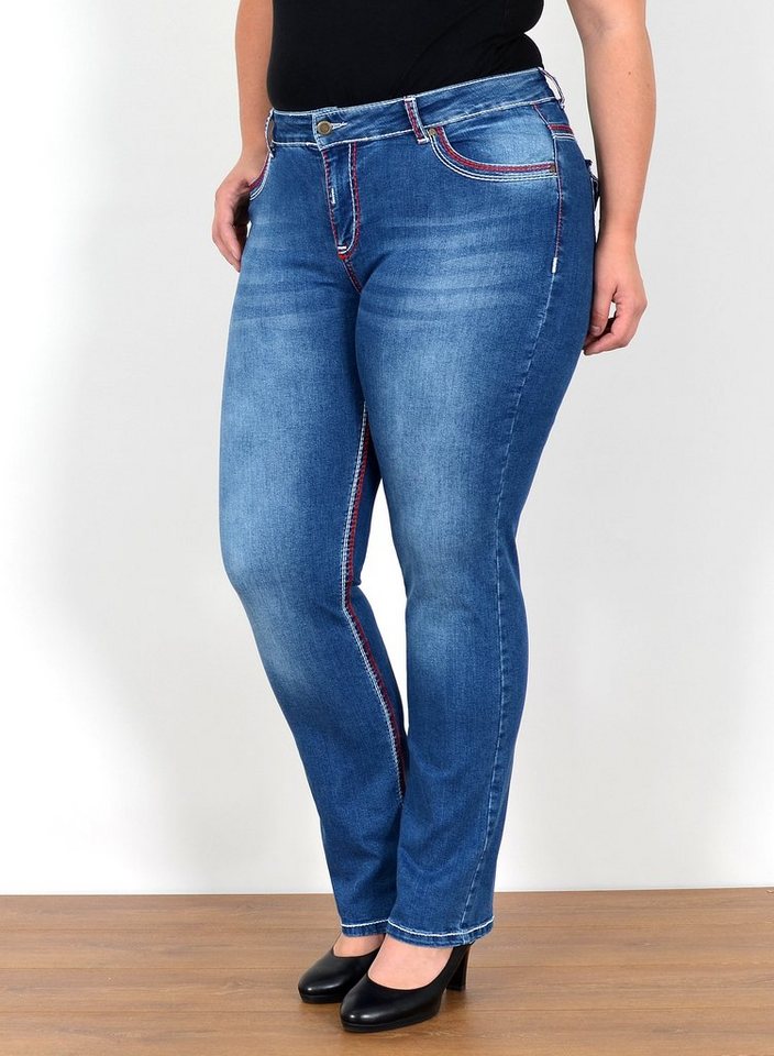 ESRA Straight-Jeans FG12 Straight Fit Jeans Damen High Waist Hose Kontrastnähte bis Plus Size von ESRA
