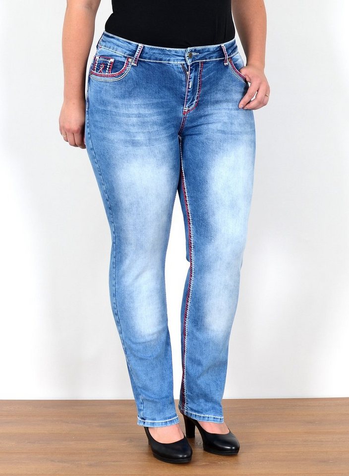 ESRA Straight-Jeans FG12 Straight Fit Jeans Damen High Waist Hose Kontrastnähte bis Plus Size, Straight Jeans Hose Stretch hohe Leibhöhe dicke Naht bis Große Größe, Gerade Schnitt Jeanshose Hoch Bund weiße Naht rote Naht bis Übergröße, Regular Jeans High Waist Hose Damen Jeans Straight mit dicken Nähten, Jeans Damen Jeans Hose Damen Hose, High Waist Jeans Damen High Waist, Damen Jeans Straight Damen Hose von ESRA