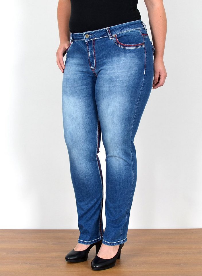 ESRA Straight-Jeans FJ755 High Waist Jeans Damen Straight Fit mit dicker Naht bis Übergröße, Straight Leg Jeans Hose Stretch hohe Leibhöhe Kontrastnähte Plus Size, Gerade Schnitt Jeanshose Hoch Bund weiße Naht rote Naht bis Große Größe, Regular Fit Jeans High Waist Hose Damen Jeans Straight mit dicken Nähten, Hose Straight Leg Jeans Straight Fit Hose, Damen Jeans Straight Damen Jeans, High Waist Jeans Damen High Waist, Jeans Damen Jeans Hose Damen Hose von ESRA