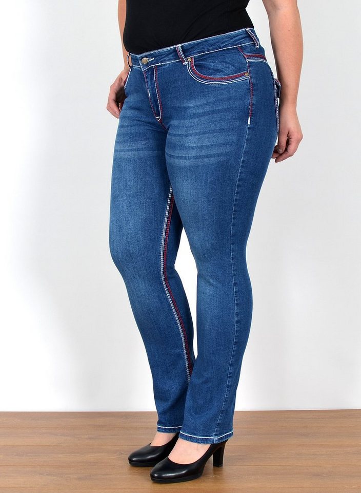 ESRA Straight-Jeans FJ755 High Waist Jeans Damen Straight Fit mit dicker Naht bis Übergröße, Straight Leg Jeans Hose Stretch hohe Leibhöhe Kontrastnähte Plus Size, Gerade Schnitt Jeanshose Hoch Bund weiße Naht rote Naht bis Große Größe, Regular Fit Jeans High Waist Hose Damen Jeans Straight mit dicken Nähten, Hose Straight Leg Jeans Straight Fit Hose, Damen Jeans Straight Damen Jeans, High Waist Jeans Damen High Waist, Jeans Damen Jeans Hose Damen Hose von ESRA