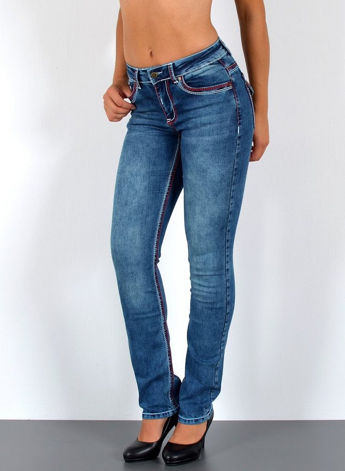 ESRA Straight-Jeans Damen Jeanshose weiße Naht hohe Leibhöhe Stretch Jeans Straight G12 High Waist Jeans Damen Straight Hose mit dicker Naht bis Übergröße von ESRA