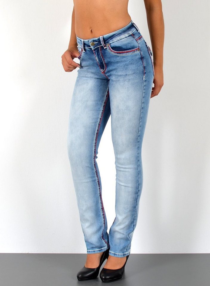 ESRA Straight-Jeans Damen Jeanshose weiße Naht hohe Leibhöhe Stretch Jeans Straight G12 High Waist Jeans Damen Straight Hose mit dicker Naht bis Übergröße von ESRA