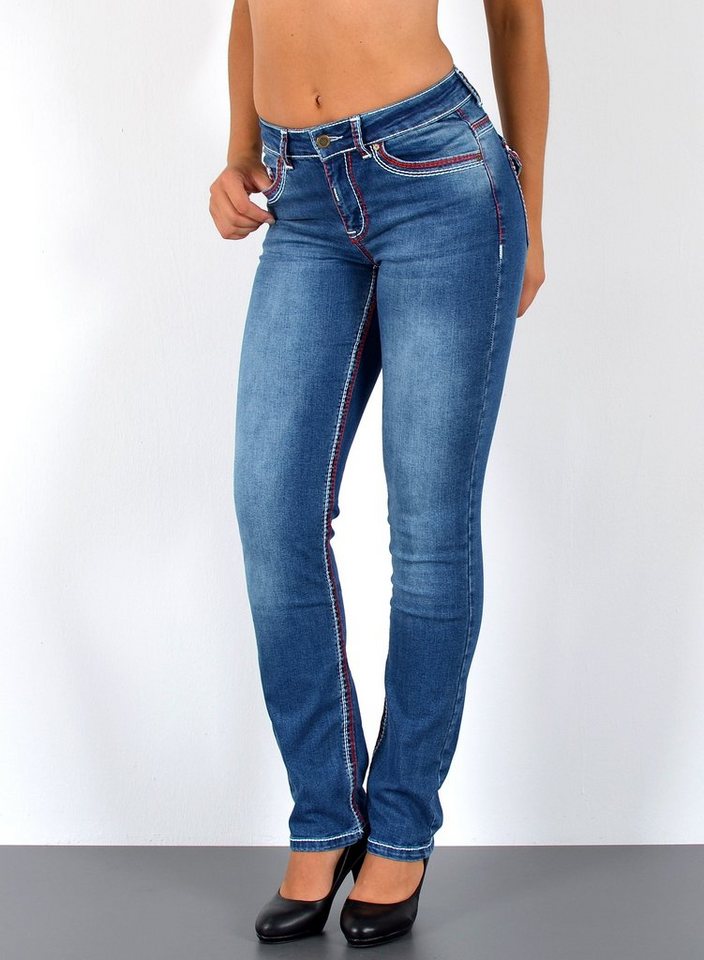 ESRA Straight-Jeans Damen Jeanshose weiße Naht hohe Leibhöhe Stretch Jeans Straight G12 High Waist Jeans Damen Straight Hose mit dicker Naht bis Übergröße von ESRA