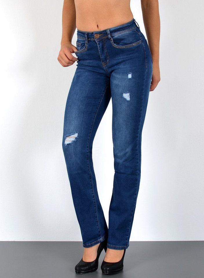 ESRA Straight-Jeans G300 Damen Straight Fit Jeans High Waist, bis Übergröße / Plussize Größe, Damen Taille Jeans Gerade Hohe Leibhöhe bis Große Größen, Damen Jeans Regular Fit, High Waist Gerade Schnitt Jeans Hoch Bund mit Stretch, Damen Jeans Destroyed Hose, Damen Jeans Hose Risse, High Waist Jeans Destroyed von ESRA