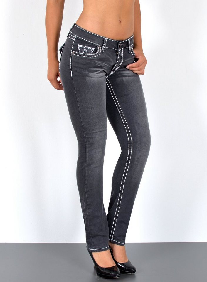 ESRA Straight-Jeans Straight Jeans Damen Jeans Hose weiße Naht Kontrastnaht bis Übergröße High Waist Jeans Damen Hose Stretch mit dicker Naht bis Plus Size von ESRA