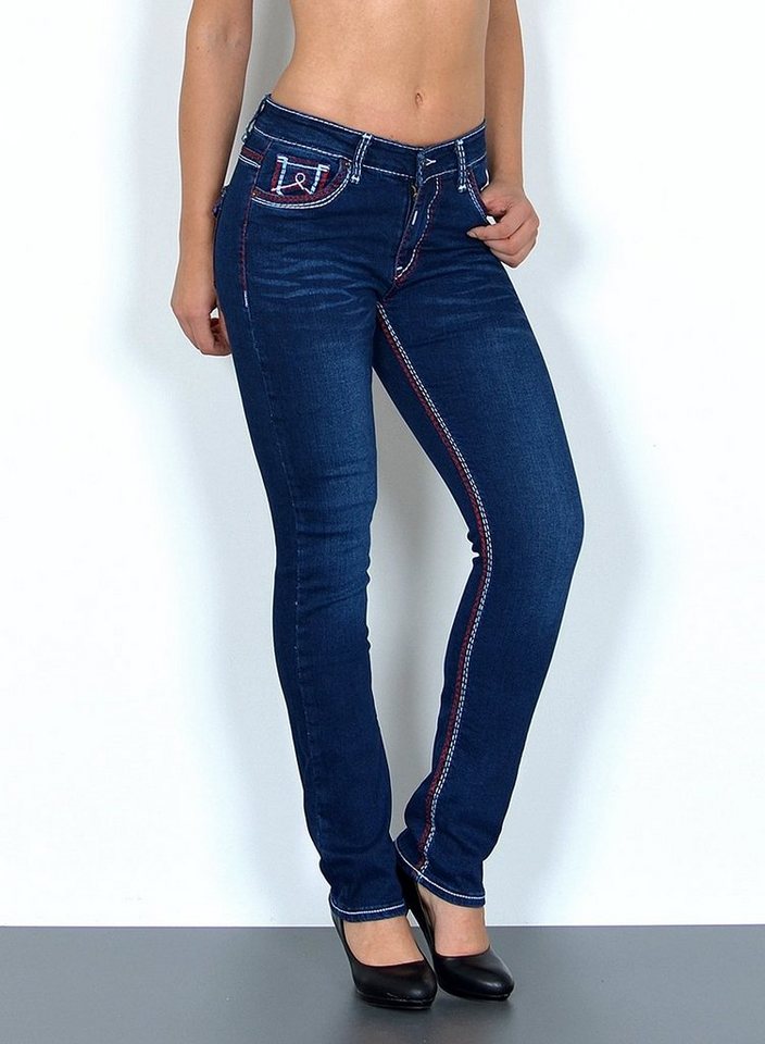 ESRA Straight-Jeans Damen Straight Jeans mit Kontrastnähten Hoch Bund bis Übergröße J755 High Waist Straight Jeans Damen mit dicker Naht Stretch Jeans Regular von ESRA
