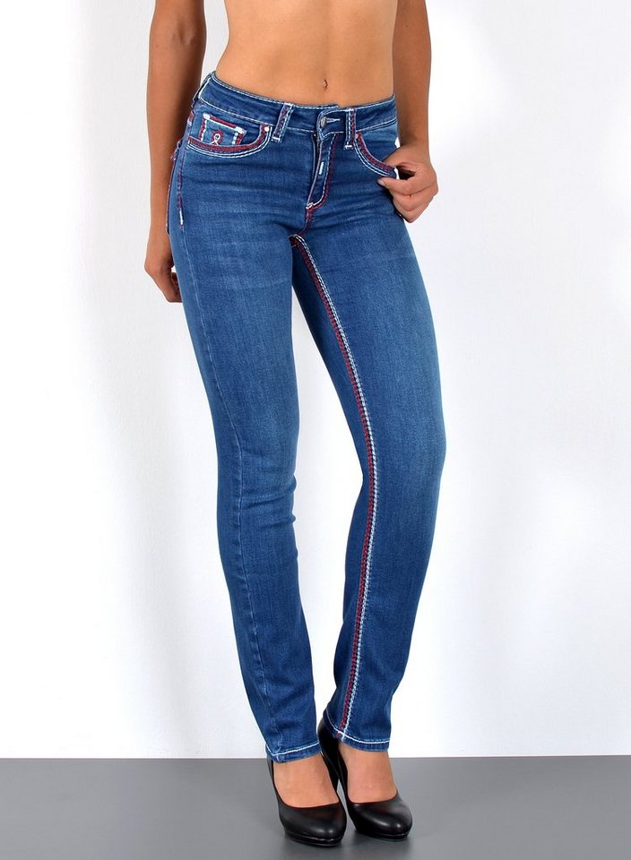 ESRA Straight-Jeans J755 High Waist Straight Fit Jeans Damen mit dicker Naht, bis Übergröße / Plus Size Größe, Damen Straight Leg Jeans mit Kontrastnähten Hoch Bund, Damen Gerade Schnitt Jeans mit weißer / roter Naht Große Größen, Regular Fit Jeans Hose, Damen Jeans, Jeans Damen, Damen Jeanshose mit dicken Nähten, Jeans Damen Hose Große Größe, Jeans Damen High Waist Damen Jeans, Straight Fit Jeans Damen von ESRA