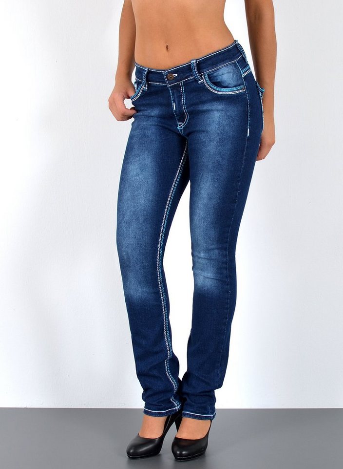 ESRA Straight-Jeans Damen Straight Jeans mit Kontrastnähten Hoch Bund bis Übergröße J755 High Waist Straight Jeans Damen mit dicker Naht Stretch Jeans Regular von ESRA