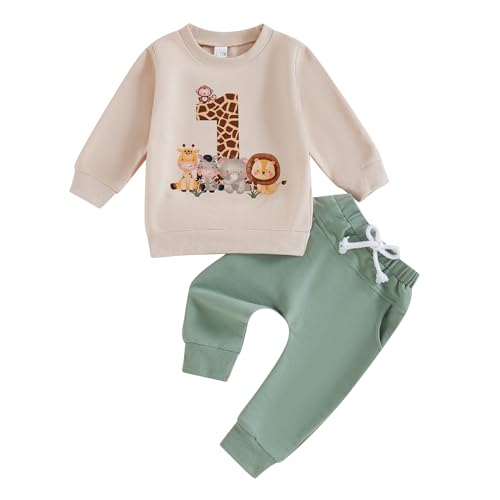 Baby Jungen Sein 1. Erster Geburtstag Bekleidungsset 2PCS Cartoon Tiere Buchstaben Ein Druck Langarm Sweatshirt Hose mit Kordelzug Ein Jahr alt Geburtstagsfeier Kleidung Set (Beige 1, 6-12 Months) von ESSECMBS