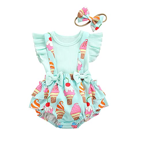 ESSECMBS 2 Stück Neugeborene Baby Mädchen Strampler mit Blumendruck Ärmeln Rüschen Prinzessin Kleid Elegant+Stirnband für Neugeborene Mädchen(Grün, 0-3 Monate) von ESSECMBS