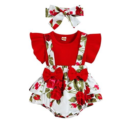 ESSECMBS 2 Stück Neugeborene Baby Mädchen Strampler mit Blumendruck Ärmeln Rüschen Prinzessin Kleid Elegant+Stirnband für Neugeborene Mädchen(Rot, 0-3 Monate) von ESSECMBS