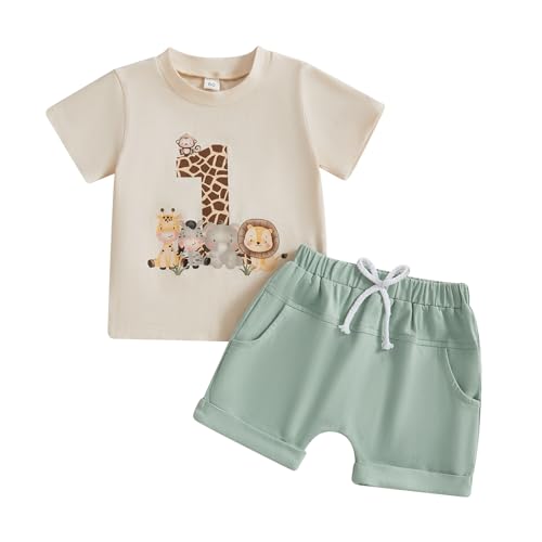 ESSECMBS Baby Junge Sein 1. Erster Geburtstag Bekleidungsset Karikatur Tiere Buchstaben Ein Druck Kurzarm T-Shirt Kurze Hosen Ein Jahr Alt Geburtstagsparty Kleidung Set (Beige, 6-12 Months) von ESSECMBS