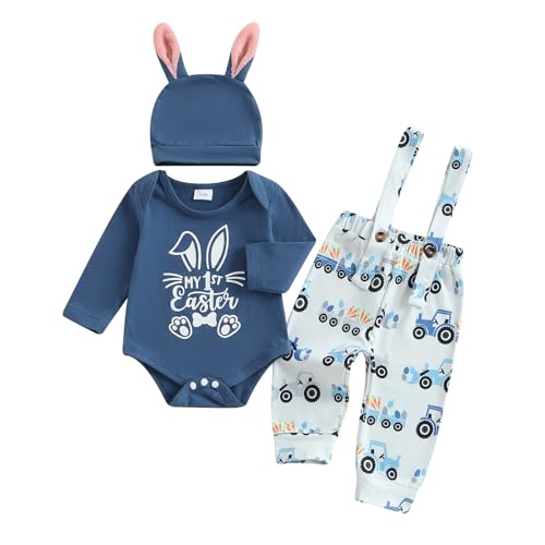 ESSECMBS Baby Jungen Mein 1. Erstes Ostern Bekleidungsset 3 Stück Set Langarm Osterhase Buchstaben Mein erstes Ostern Drucken Strampler Bodys Spaghettiträger Hose mit Hut (Dunkelblau, 0-3 Months) von ESSECMBS