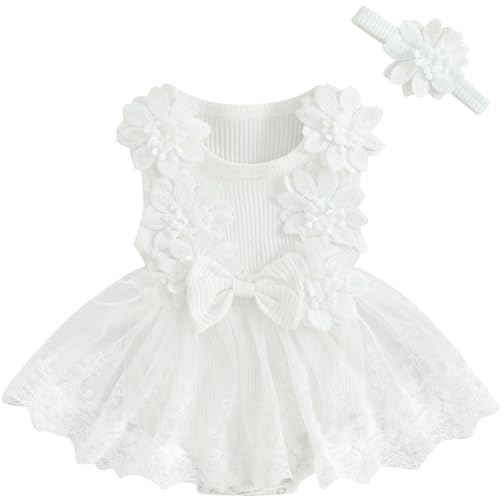 ESSECMBS Baby Mädchen 2 Stück Elegante Spitze Strampler Kleid Set Ärmelloses Blumen Mesh Tüll Prinzessin Tutu Bodysuit Taufe Overall + Stirnband Bowknot Sommer Bekleidungsset (Weiß, 0-3 Monate) von ESSECMBS