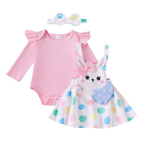 ESSECMBS Baby Mädchen Ostern Bekleidungsset 3PCS Strampler Rock Set Langarm Body Rüsche Schulter Hosenträger Tutu Ostereier Häschen Rock mit Stirnband Neugeborene Ostern Kleidung (Rosa 4, 0-3 Monate) von ESSECMBS