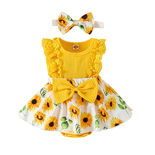 ESSECMBS Baby Mädchen Sommer 2 Stück Strampler Kleid Anzug Spitze Rüschenärmel All-in-One Blumendruck Body Kleid mit Stirnband Neugeborenes Strampelanzug (Gelb, 6-12 Monate) von ESSECMBS