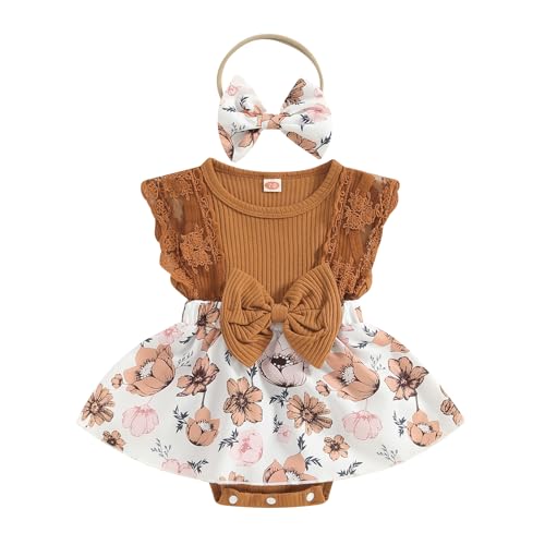 ESSECMBS Baby Mädchen Sommer 2 Stück Strampler Kleid Anzug Spitze Rüschenärmel All-in-One Blumendruck Body Kleid mit Stirnband Neugeborenes Strampelanzug (Kaffee, 0-3 Monate) von ESSECMBS