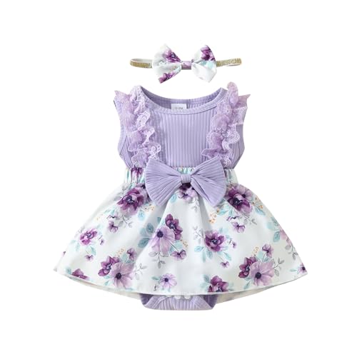 ESSECMBS Baby Mädchen Sommer 2 Stück Strampler Kleid Anzug Spitze Rüschenärmel All-in-One Blumendruck Body Kleid mit Stirnband Neugeborenes Strampelanzug (Lila, 6-9 Monate) von ESSECMBS