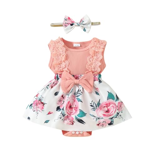 ESSECMBS Baby Mädchen Sommer 2 Stück Strampler Kleid Anzug Spitze Rüschenärmel All-in-One Blumendruck Body Kleid mit Stirnband Neugeborenes Strampelanzug (Rosa 2, 12-18 Monate) von ESSECMBS