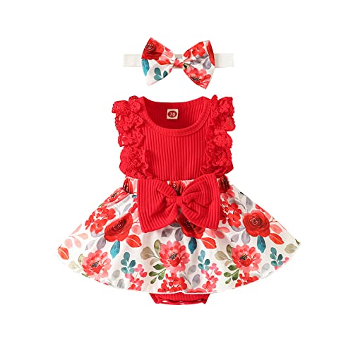 ESSECMBS Baby Mädchen Sommer 2 Stück Strampler Kleid Anzug Spitze Rüschenärmel All-in-One Blumendruck Body Kleid mit Stirnband Neugeborenes Strampelanzug (Rot, 0-3 Monate) von ESSECMBS