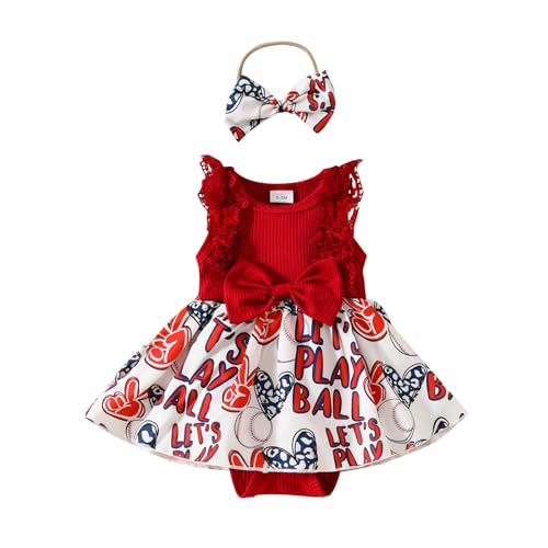 ESSECMBS Baby Mädchen Sommer 2 Stück Strampler Kleid Anzug Spitze Rüschenärmel All-in-One Blumendruck Body Kleid mit Stirnband Neugeborenes Strampelanzug (Rot 1, 3-6 Monate) von ESSECMBS