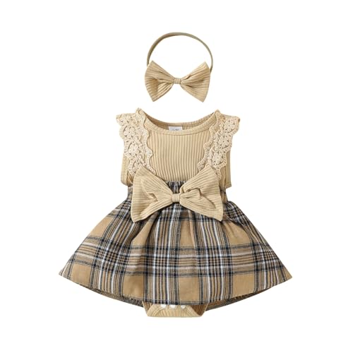 ESSECMBS Baby Mädchen Sommer 2 Stück Strampler Kleid Anzug Spitze Rüschenärmel All-in-One Karierte Druck Body Kleid mit Stirnband Neugeborenes Strampelanzug (Beige 1, 0-3 Monate) von ESSECMBS