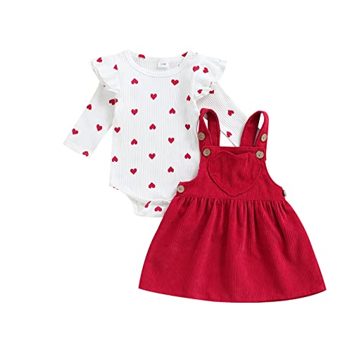 ESSECMBS Baby Mädchen Valentinstag Bekleidungsset 2 Stück Langärmelig Rüschenschulter Liebe Herzen Druck Strampler Bodysuits Cord Spaghetti Träger Tutu Kleid Set (Rot, 0-3 Months) von ESSECMBS