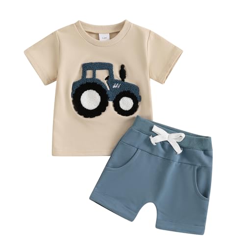 ESSECMBS Kinder Baby Jungen Traktor Bekleidungsset 2 STÜCKE Kurzarm Cartoon Traktor Print T-Shirt Hemd Elastisch Taillierte Kurze Hosen Jungen Sommer Shorts Set Kleidung (Beige+Blau, 18-24 Months) von ESSECMBS