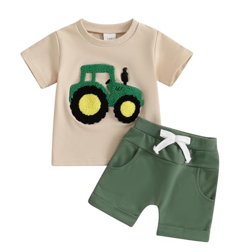 ESSECMBS Kinder Baby Jungen Traktor Bekleidungsset 2 STÜCKE Kurzarm Cartoon Traktor Print T-Shirt Hemd Elastisch Taillierte Kurze Hosen Jungen Sommer Shorts Set Kleidung (Beige+Grün 4, 2-3 Years) von ESSECMBS