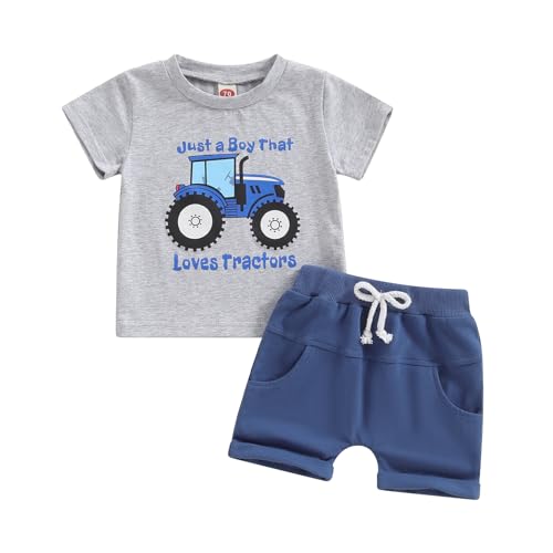 ESSECMBS Kinder Baby Jungen Traktor Bekleidungsset 2 STÜCKE Kurzarm Cartoon Traktor Print T-Shirt Hemd Elastisch Taillierte Kurze Hosen Jungen Sommer Shorts Set Kleidung (Grau+Blau, 3-4T) von ESSECMBS