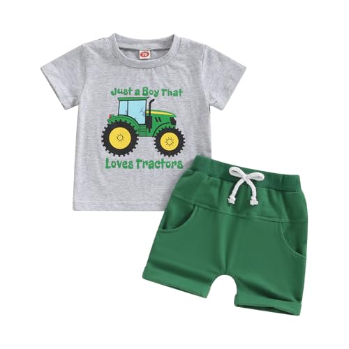 ESSECMBS Kinder Baby Jungen Traktor Bekleidungsset 2 STÜCKE Kurzarm Cartoon Traktor Print T-Shirt Hemd Elastisch Taillierte Kurze Hosen Jungen Sommer Shorts Set Kleidung (Grau+Grün, 18-24 Months) von ESSECMBS