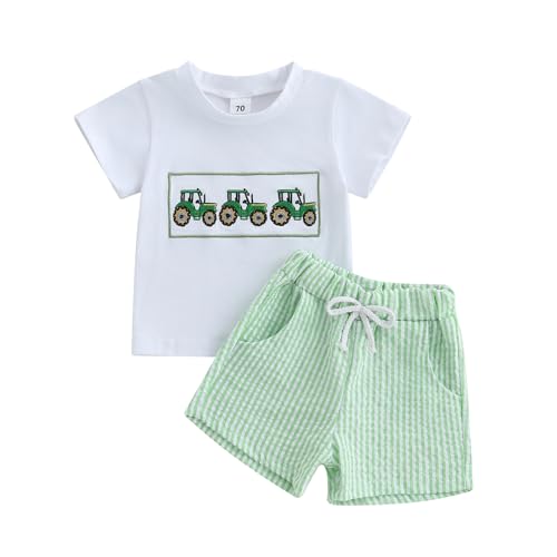 ESSECMBS Kinder Baby Jungen Traktor Bekleidungsset 2 STÜCKE Kurzarm Cartoon Traktor Print T-Shirt Hemd Elastisch Taillierte Kurze Hosen Jungen Sommer Shorts Set Kleidung (Weiß+Grün 2, 0-6 Months) von ESSECMBS
