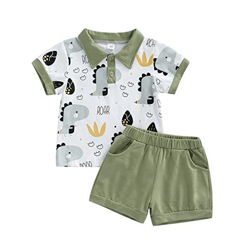 ESSECMBS Kinder Kleinkind Baby Jungen Sommer Niedlich Dinosaurier Bekleidungsset 2 Stücke Kurzarm Revers Kragen Poloshirt Bluse Einfarbig Kurze Hosen Set (Grün, 12-18 Months) von ESSECMBS