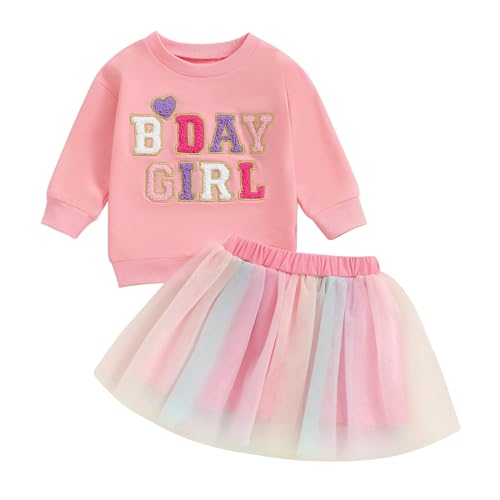 ESSECMBS Kinder Kleinkind Baby Mädchen Geburtstag Bekleidungsset 2 STÜCKE Langarm Birthday Girl Sweatshirt Oberteile A-Linie Tüll Regenbogen Rock Mädchen Geburtstagsfeier Kleidung (Rosa, 2-3 Years) von ESSECMBS