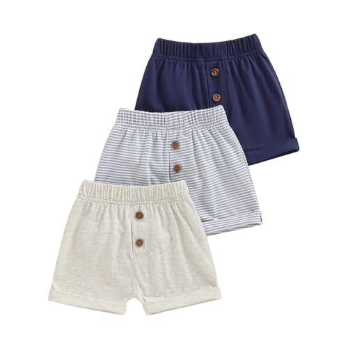 ESSECMBS Kleinkind Baby Junge Täglich DREI Pack Baumwoll Shorts Einfarbig Elastisch Tailliert Jogginghose Kurze Hosen Kordelzug Jogginghose Sommer Shorts (Blau Grau Beige, 12_months-18_Months) von ESSECMBS