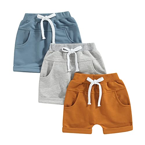 ESSECMBS Kleinkind Baby Junge Täglich DREI Pack Baumwoll Shorts Einfarbig Elastisch Tailliert Jogginghose Kurze Hosen Kordelzug Jogginghose Sommer Shorts (Blau Grau Braun, 18-24 Months) von ESSECMBS
