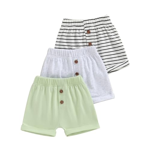 ESSECMBS Kleinkind Baby Junge Täglich DREI Pack Baumwoll Shorts Einfarbig Elastisch Tailliert Jogginghose Kurze Hosen Kordelzug Jogginghose Sommer Shorts (Grün Streifen Grau, 0_Month-6_Months) von ESSECMBS