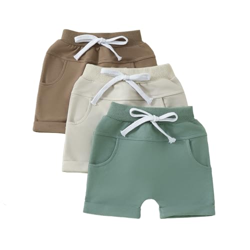 ESSECMBS Kleinkind Baby Junge Täglich DREI Pack Baumwoll Shorts Einfarbig Elastisch Tailliert Jogginghose Kurze Hosen Kordelzug Jogginghose Sommer Shorts (Kaffee Aprikose Grün, 0-6 Months) von ESSECMBS