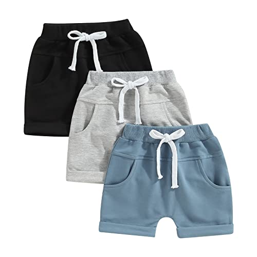 ESSECMBS Kleinkind Baby Junge Täglich DREI Pack Baumwoll Shorts Einfarbig Elastisch Tailliert Jogginghose Kurze Hosen Kordelzug Jogginghose Sommer Shorts (Schwarz Grau Blau, 12-18 Months) von ESSECMBS